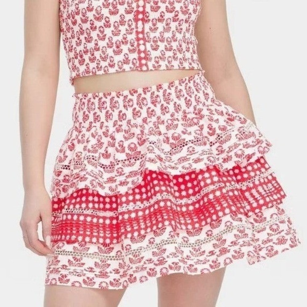Roller Rabbit Coral White Floral Boho Tiered Mini Skirt Large Cotton L Smocked